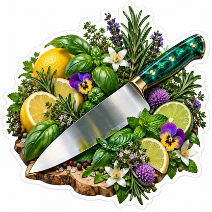Green Handle Kitchen Knife with Citrus Herbs Vinyl Decal Stickers