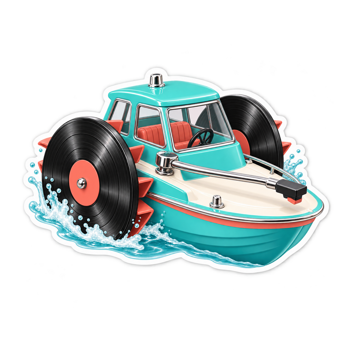 Teal Paddleboat with Record Wheels Art Vinyl Decal Stickers