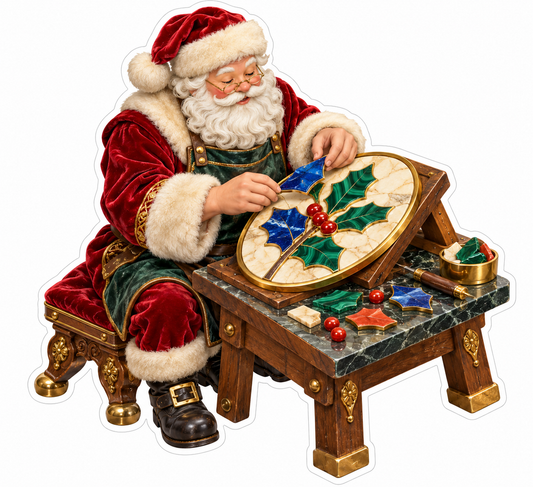 Santa Inlaying Holly on a Cream Oval Panel Vinyl Decal Stickers