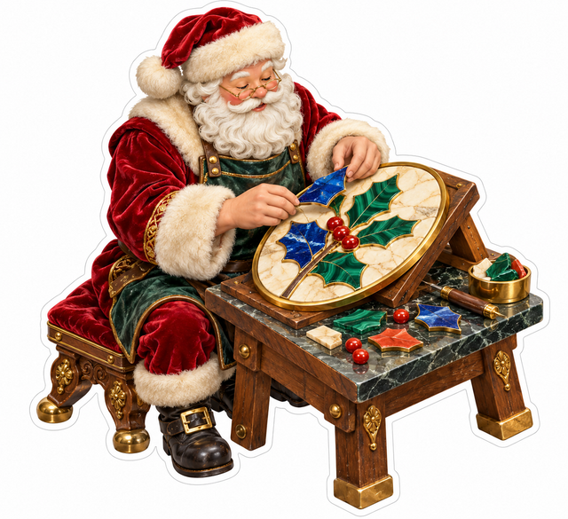 Santa Inlaying Holly on a Cream Oval Panel Vinyl Decal Stickers