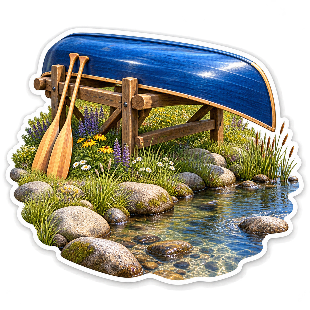 Blue Canoe on Wooden Rack beside Stream Vinyl Decal Stickers