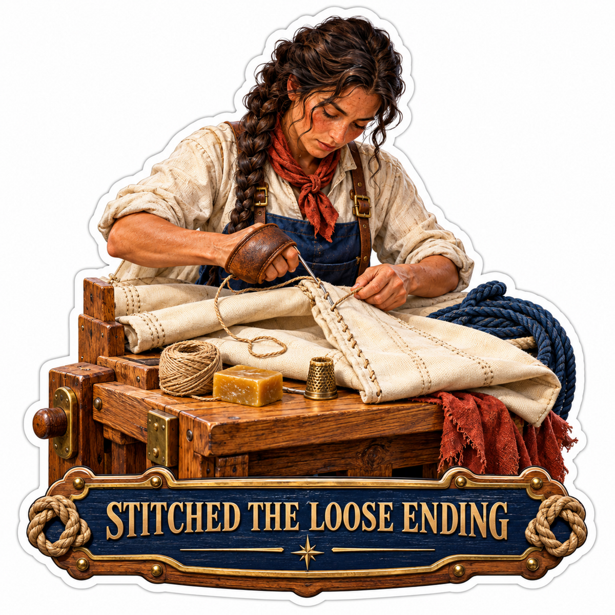 Sailmaker Stitching Canvas at Wooden Bench Art Vinyl Decal Stickers