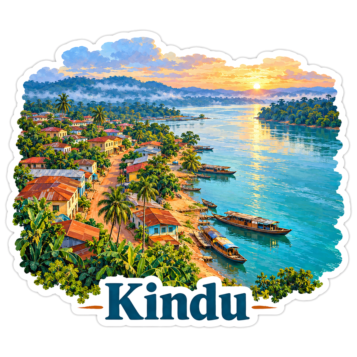 Kindu River Boats Tropical Sunset Art Vinyl Decal Stickers