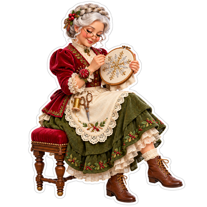 Mrs Claus Embroidering Snowflake Art Vinyl Decal Stickers