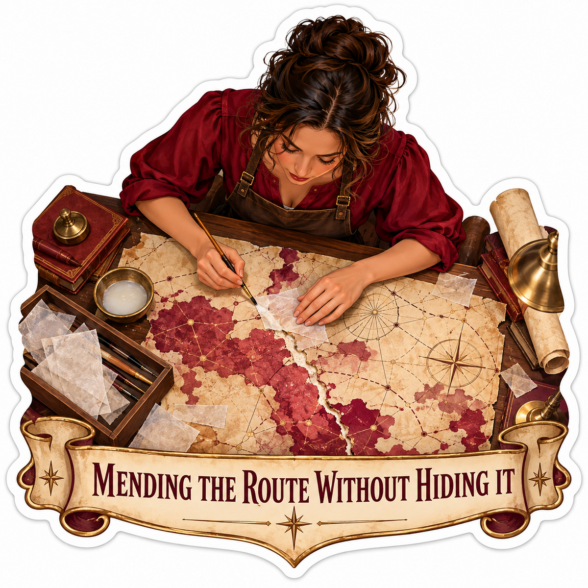 Woman Mending an Antique Red Map Vinyl Decal Stickers