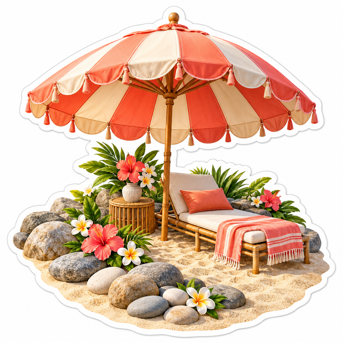 Coral Beach Parasol over Cushioned Lounge Vinyl Decal Stickers