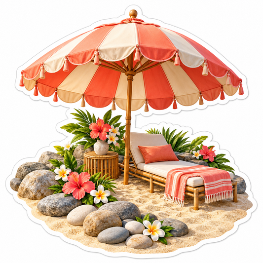 Coral Beach Parasol over Cushioned Lounge Vinyl Decal Stickers