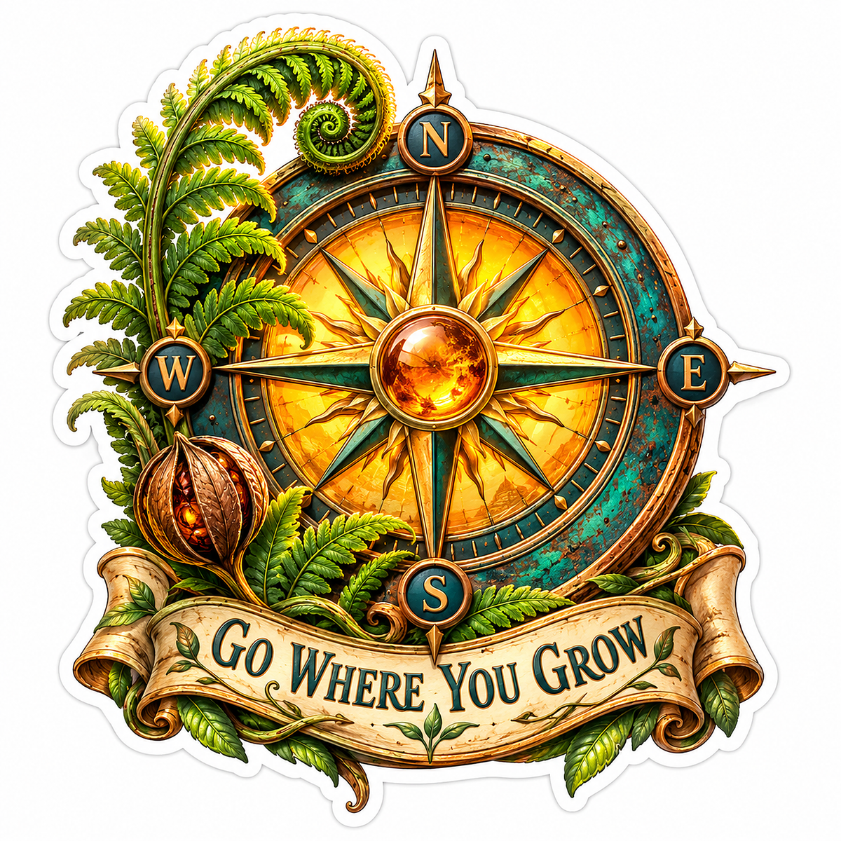 Go Where You Grow Golden Fern Compass Vinyl Decal Stickers