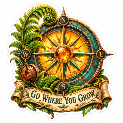 Go Where You Grow Golden Fern Compass Vinyl Decal Stickers
