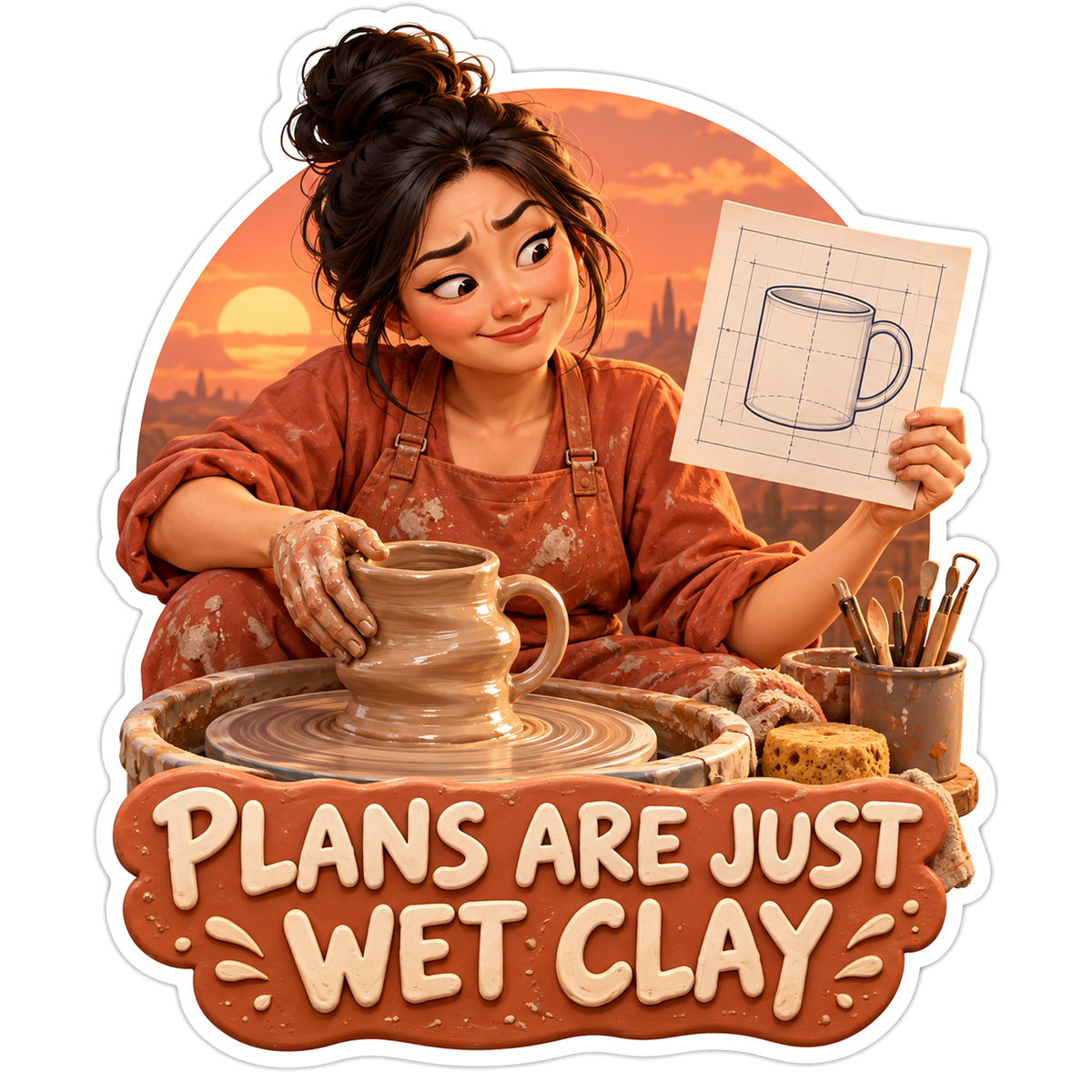 Potter Holding Mug Plans at a Clay Wheel Vinyl Decal Stickers