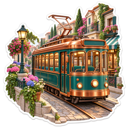 Copper Green Tram on Flower Lined Street Art Vinyl Decal Stickers