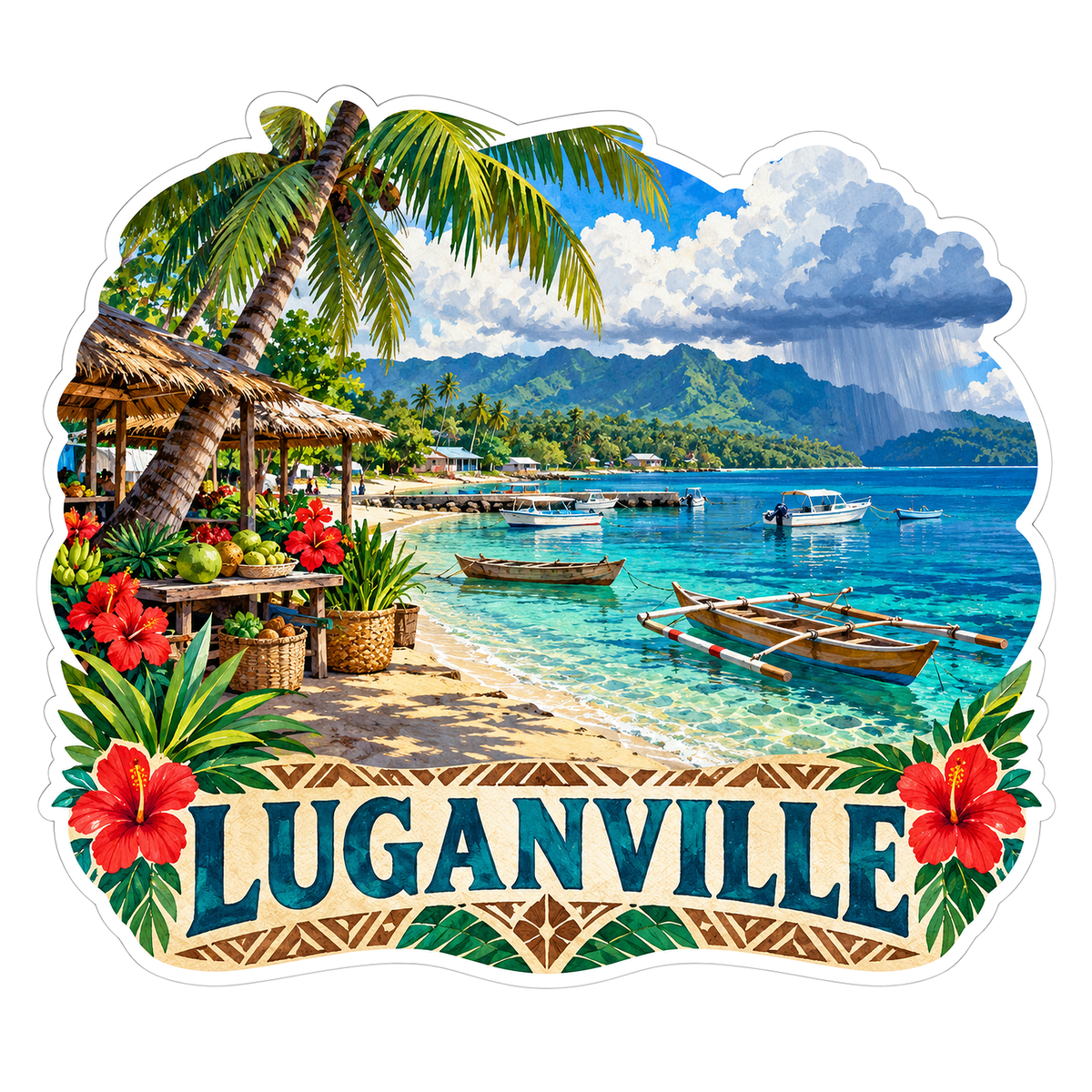 Luganville Tropical Boats and Red Flowers Art Vinyl Decal Stickers