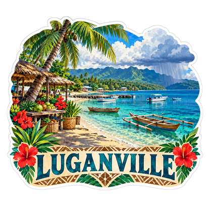 Luganville Tropical Boats and Red Flowers Art Vinyl Decal Stickers