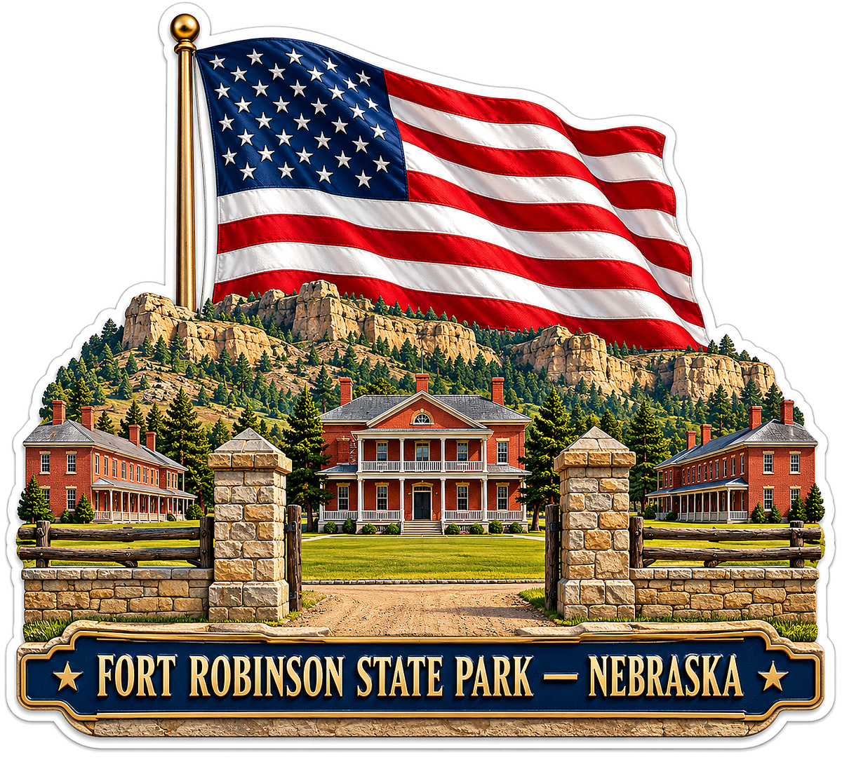 US Flag Fort Robinson Red Building and Cliffs Vinyl Decal Stickers