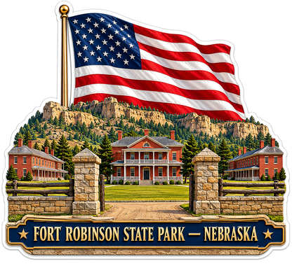 US Flag Fort Robinson Red Building and Cliffs Vinyl Decal Stickers