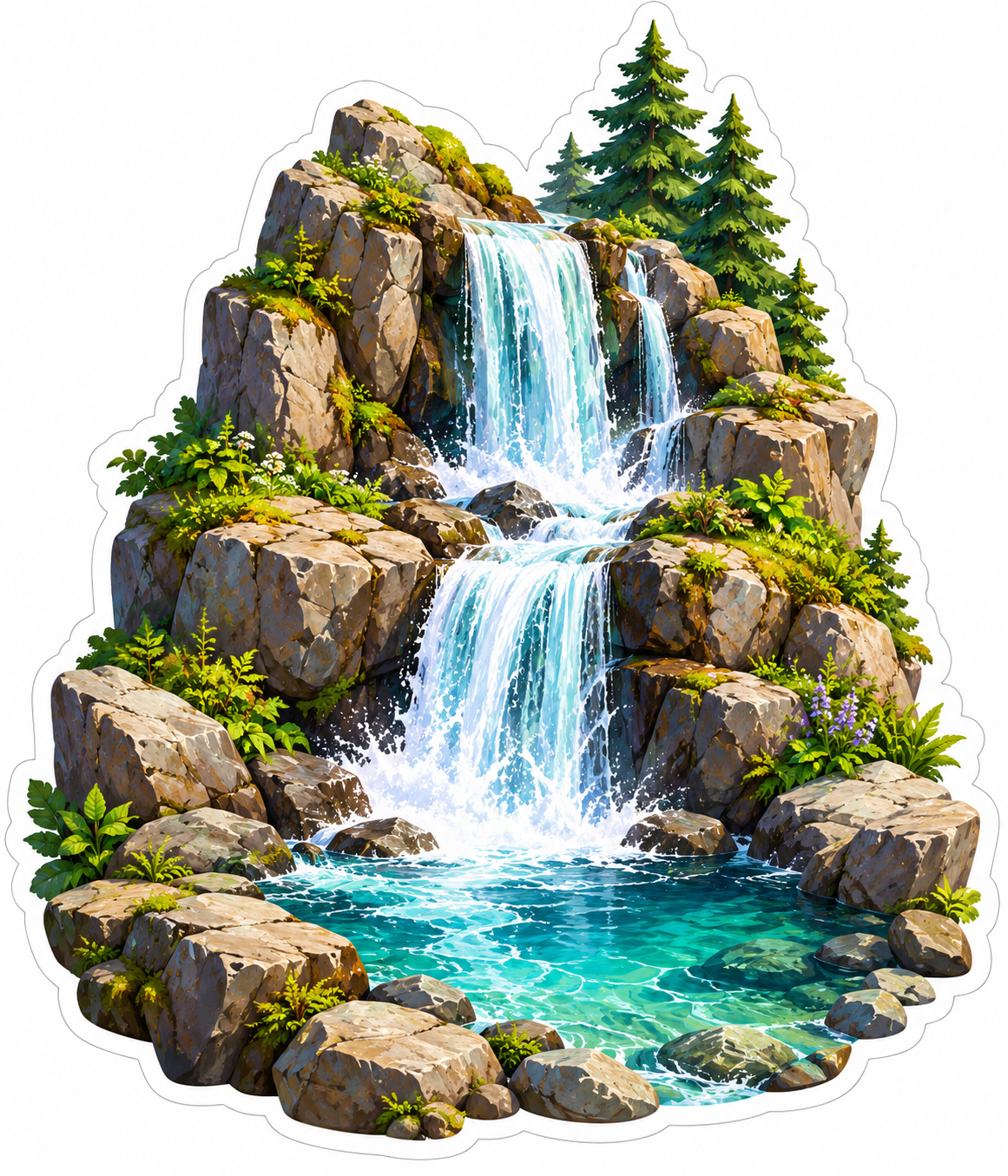 Two Tier Rocky Waterfall and Turquoise Pool Vinyl Decal Stickers