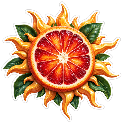 Blood Orange Slice with Sun Rays and Leaves Vinyl Decal Stickers