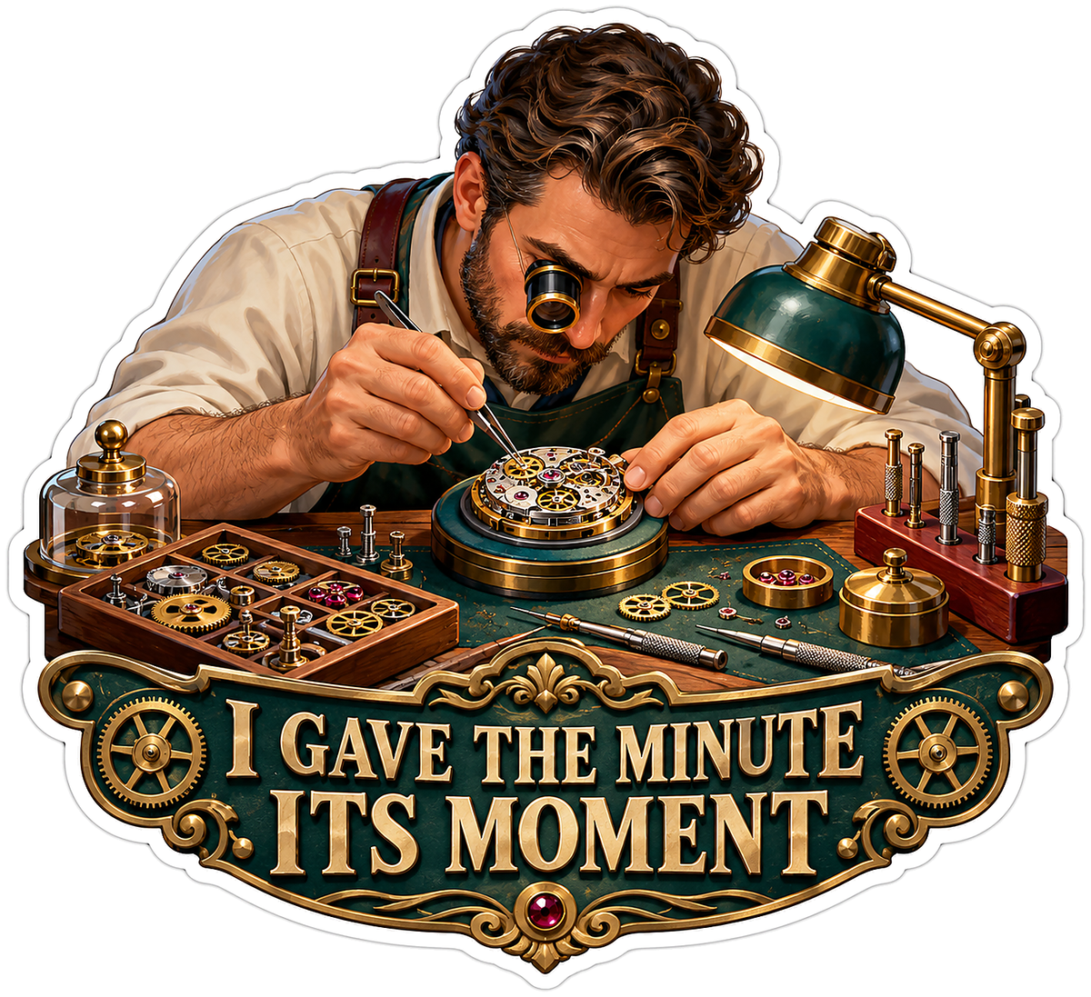 Watchmaker Examining Pocket Watch under Lamp Vinyl Decal Stickers