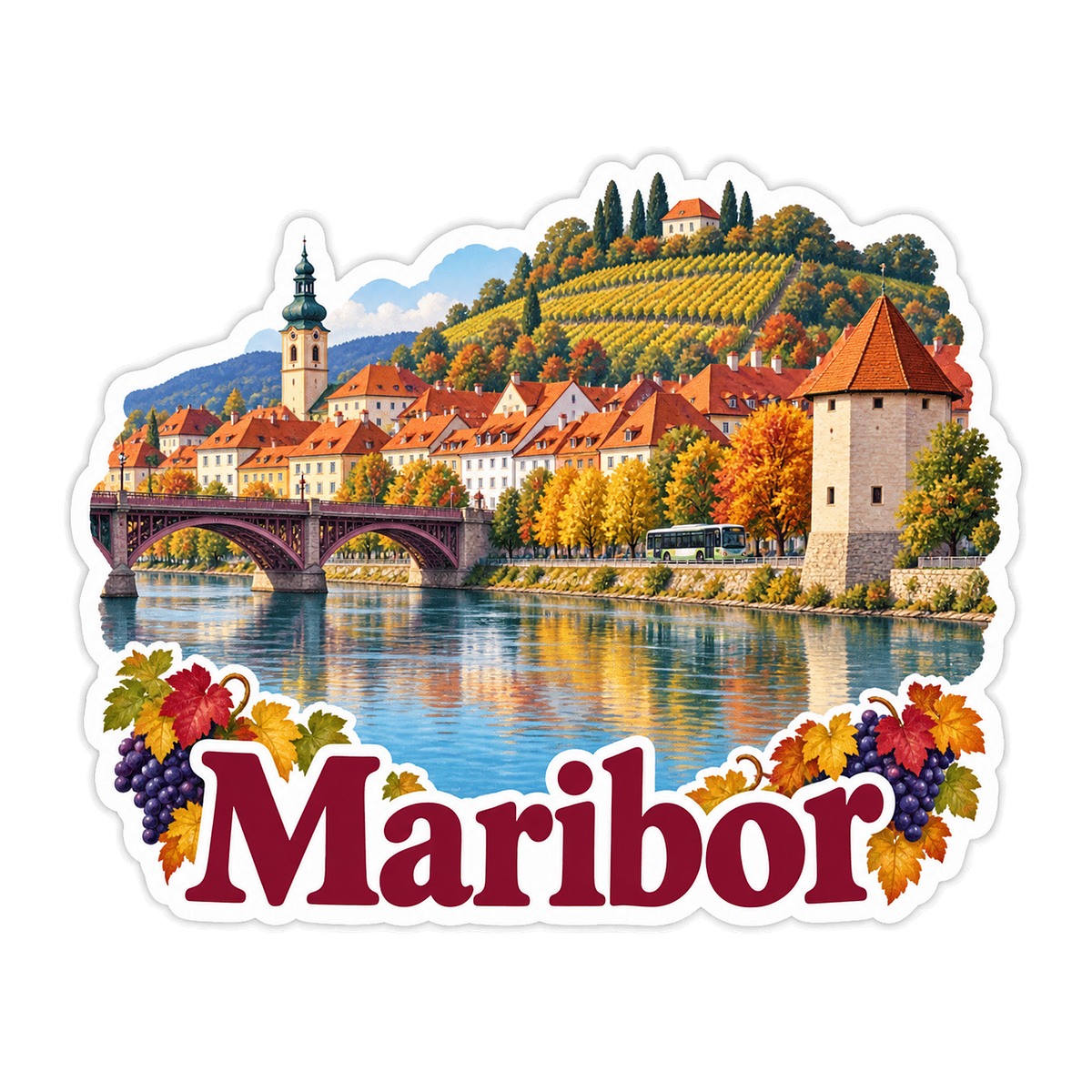 Maribor Autumn River Vineyards Art Vinyl Decal Stickers