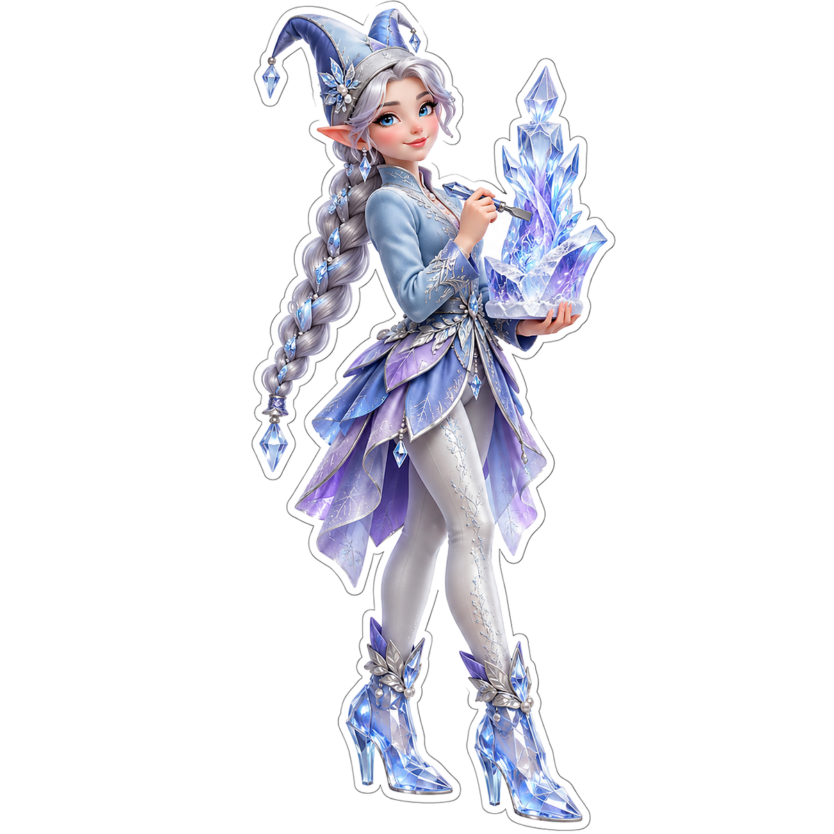 Silver Braided Elf Holding Ice Crystal Art Vinyl Decal Stickers