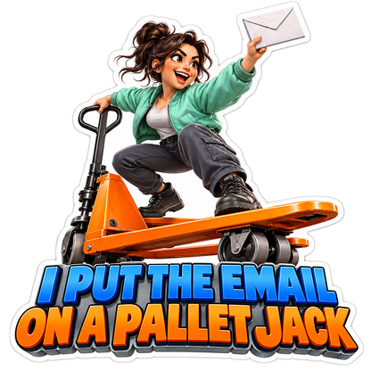 Woman Riding Orange Pallet Jack with Envelope Vinyl Decal Stickers