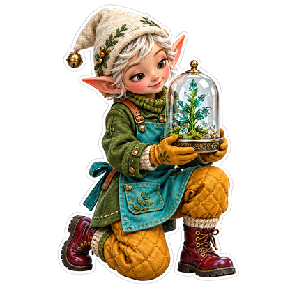 Elf Holding Small Tree in Glass Dome Vinyl Decal Stickers