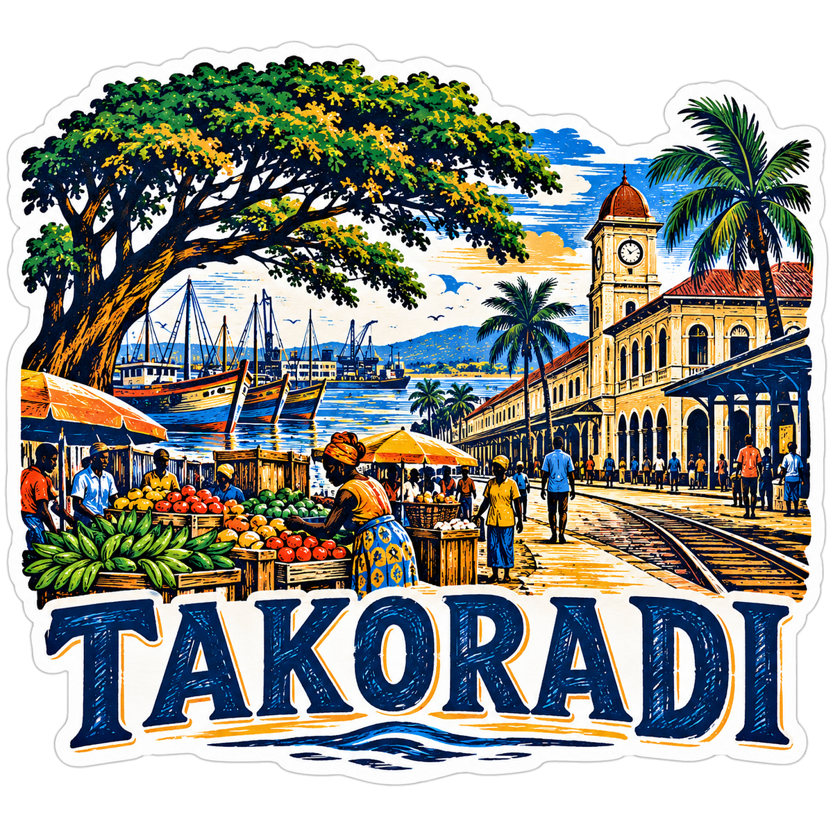 Takoradi Harbor Market Clock Tower Scene Vinyl Decal Stickers