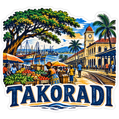 Takoradi Harbor Market Clock Tower Scene Vinyl Decal Stickers