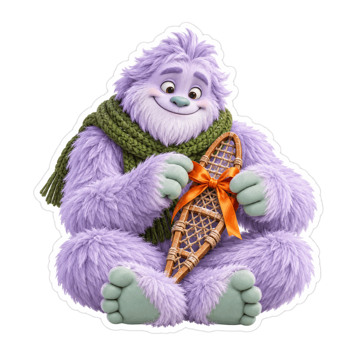 Purple Snow Creature Holding Snowshoe Art Vinyl Decal Stickers