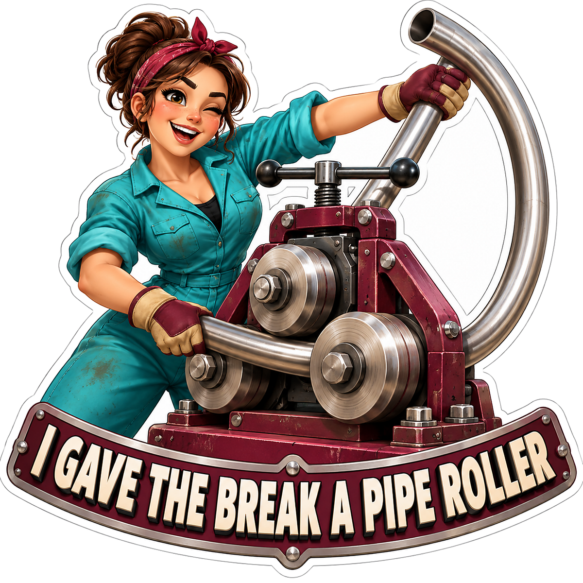 Woman in Teal Using Burgundy Pipe Roller Vinyl Decal Stickers