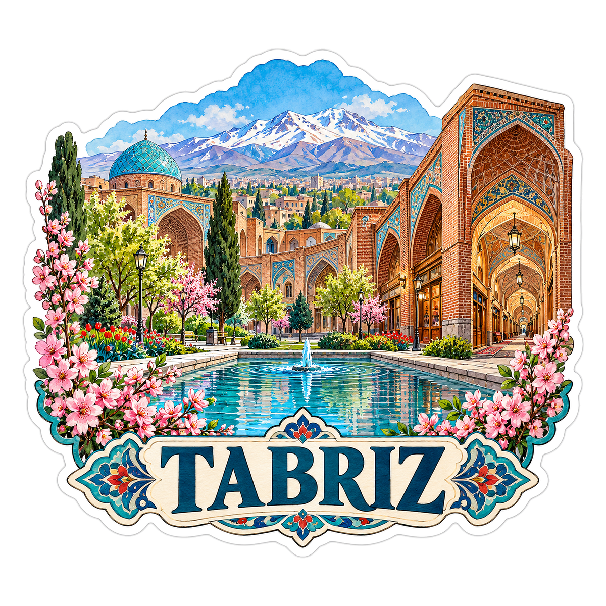 Tabriz Ornate Courtyard Pool and Pink Blossoms Vinyl Decal Stickers