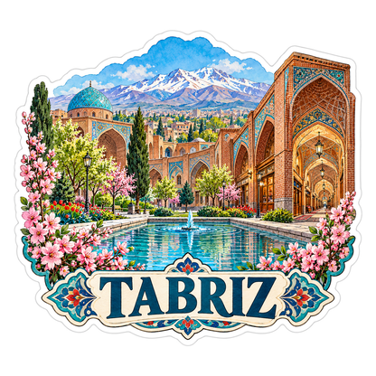 Tabriz Ornate Courtyard Pool and Pink Blossoms Vinyl Decal Stickers