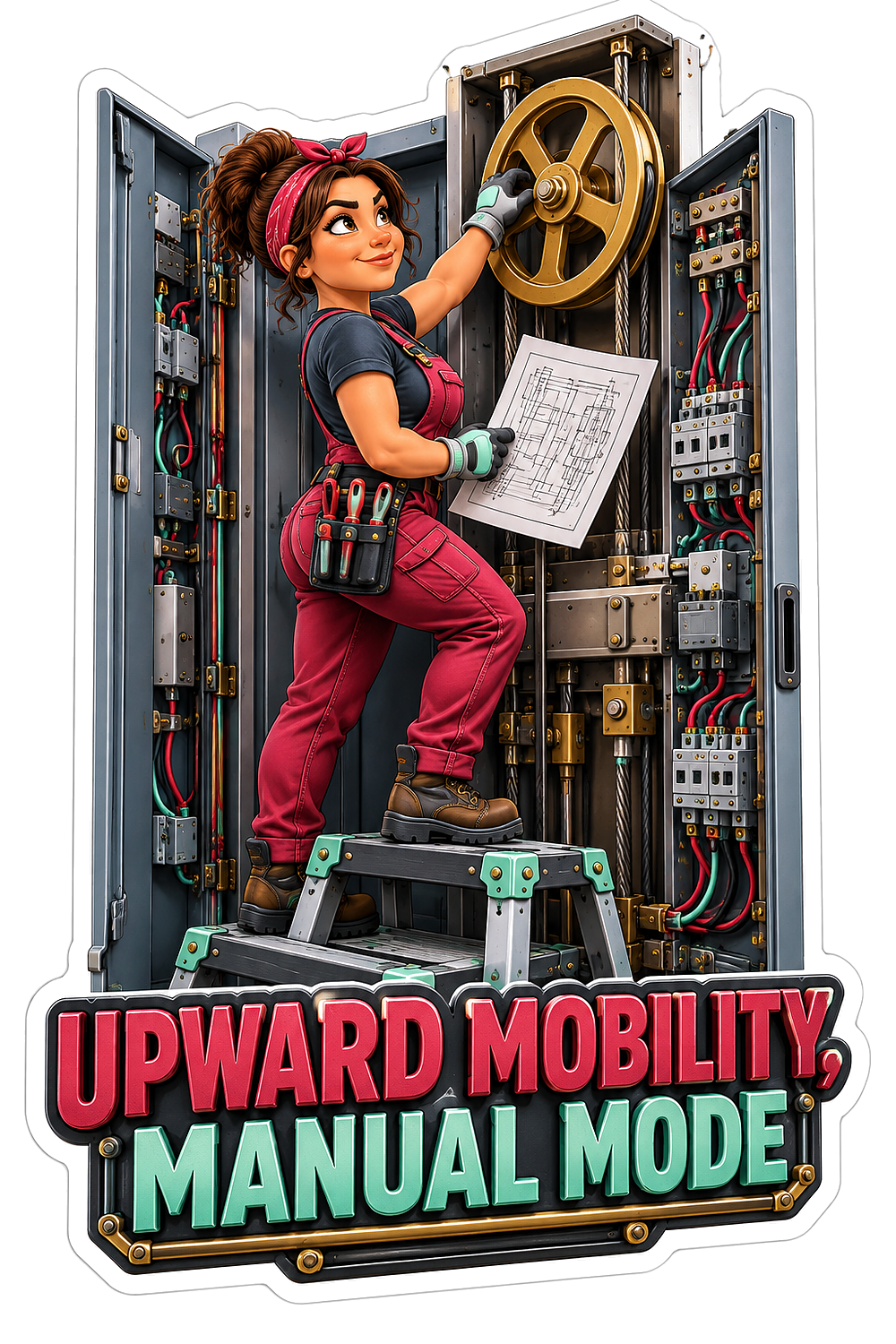 Technician Inspecting a Tall Lift Mechanism Vinyl Decal Stickers