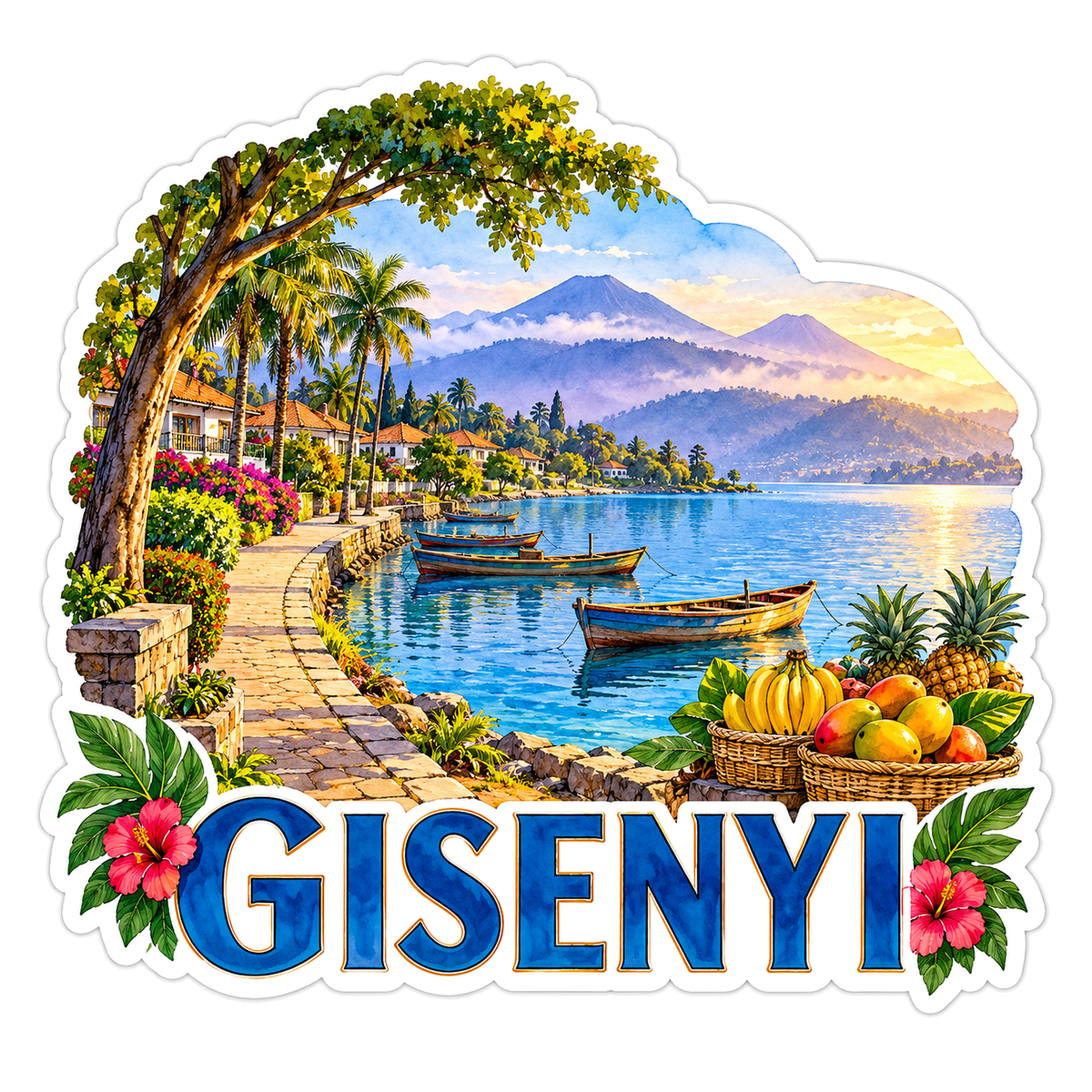 Gisenyi Lakeside Boats Tropical Fruit Art Vinyl Decal Stickers