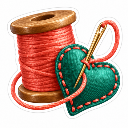 Coral Thread Spool with Green Heart Patch Vinyl Decal Stickers