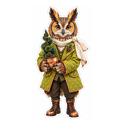 Green Jacket Owl Holding Potted Tree Vinyl Decal Stickers