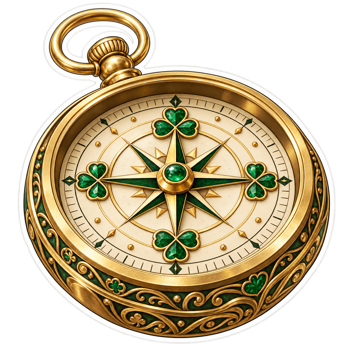 Golden Compass with Emerald Clover Accents Vinyl Decal Stickers