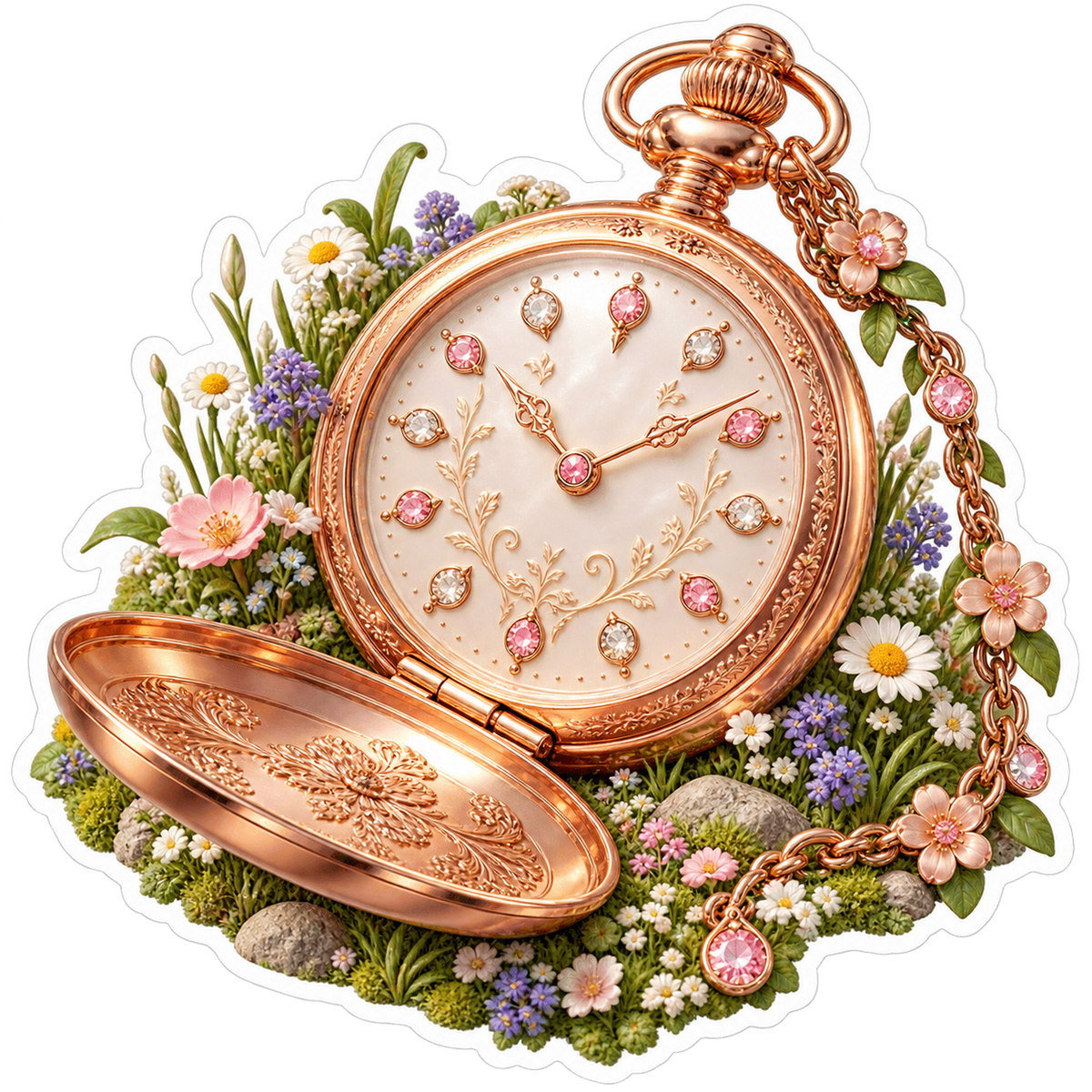 Rose Gold Pocket Watch in Wildflower Garden Art Vinyl Decal Stickers