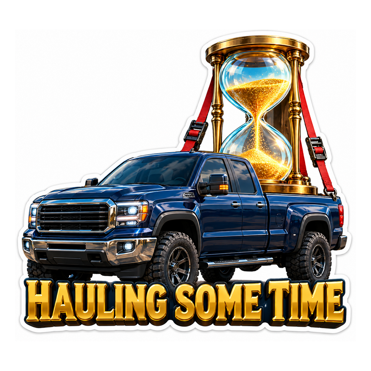 Blue Pickup Carrying Golden Hourglass Art Vinyl Decal Stickers