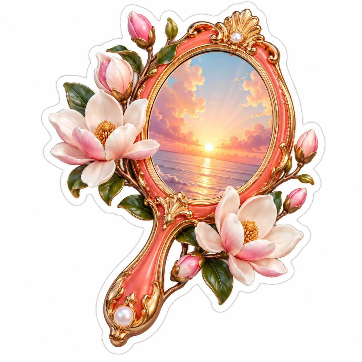 Coral Hand Mirror with Blossoms and Sunset Vinyl Decal Stickers