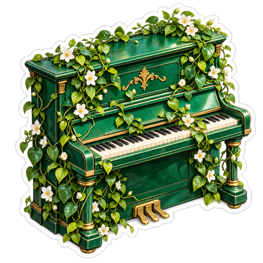 Green Upright Piano with White Flower Vines Vinyl Decal Stickers