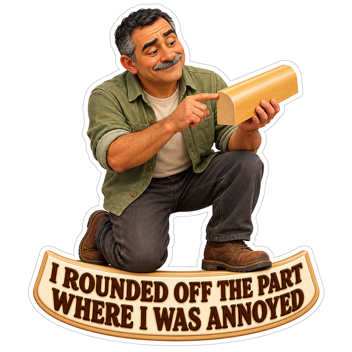 Man Inspecting Rounded Wooden Trim Sample Vinyl Decal Stickers