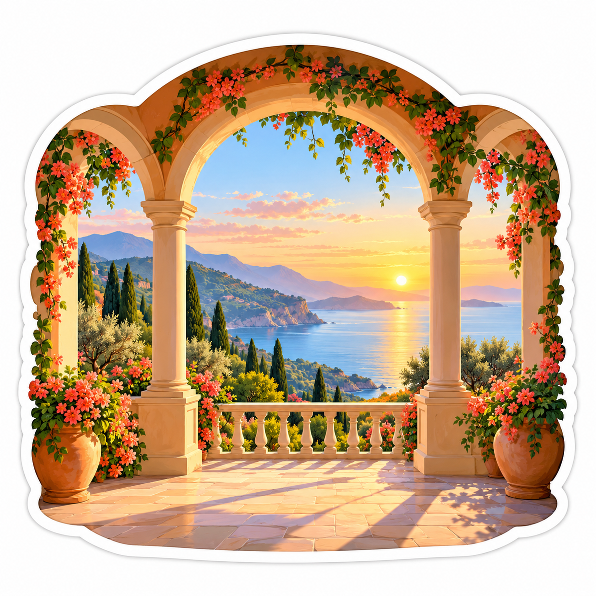 Flower Covered Coastal Arch Sunrise Art Vinyl Decal Stickers