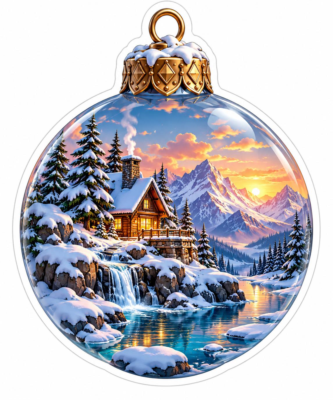 Round Ornament with Snowy Cabin Landscape Vinyl Decal Stickers