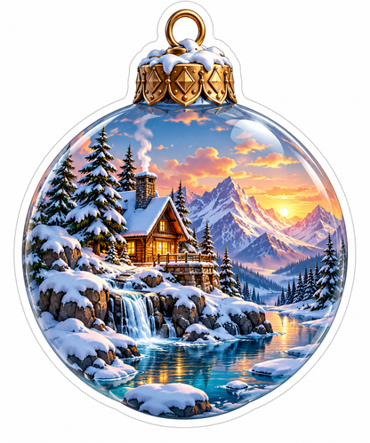 Round Ornament with Snowy Cabin Landscape Vinyl Decal Stickers