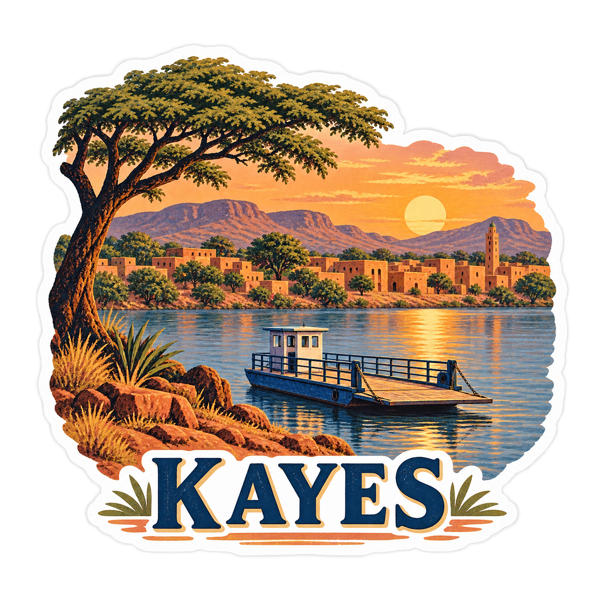 Kayes River Ferry Sunset Landscape Vinyl Decal Stickers