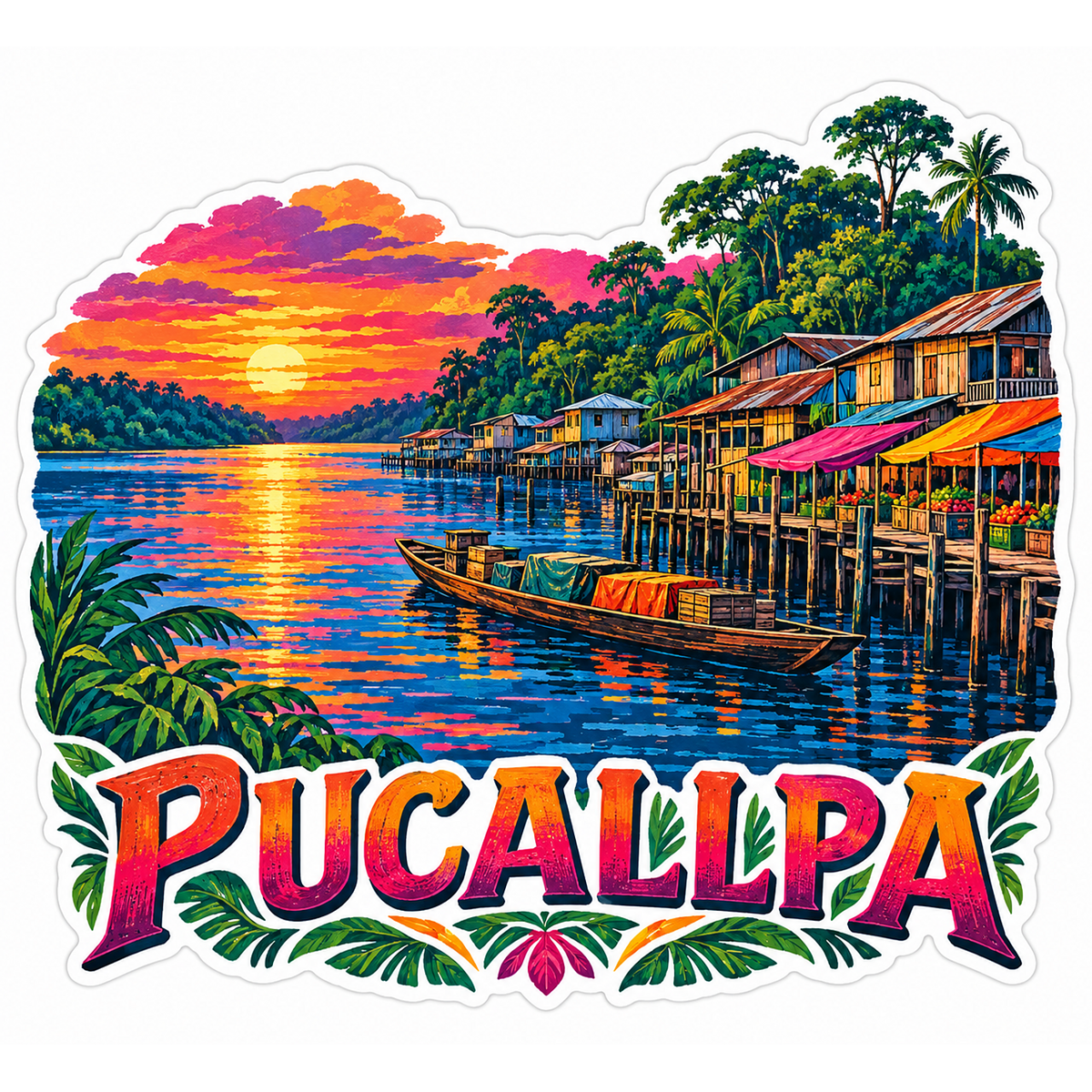 Pucallpa Sunset Riverfront Houses Art Vinyl Decal Stickers