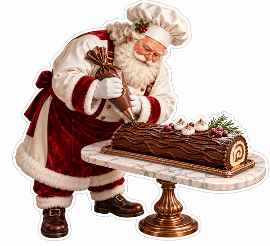 Chef Santa Piping Chocolate Bark on a Log Cake Vinyl Decal Stickers