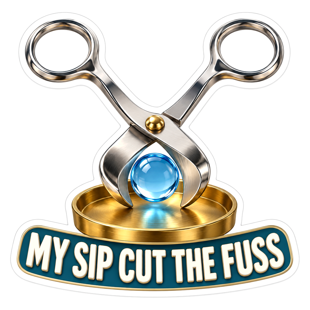 Silver Scissor Tool with Blue Orb and Sip Quote Vinyl Decal Stickers
