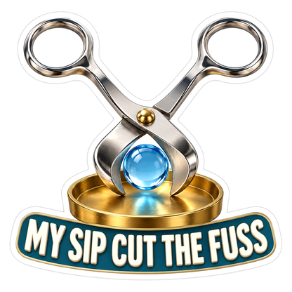 Silver Scissor Tool with Blue Orb and Sip Quote Vinyl Decal Stickers
